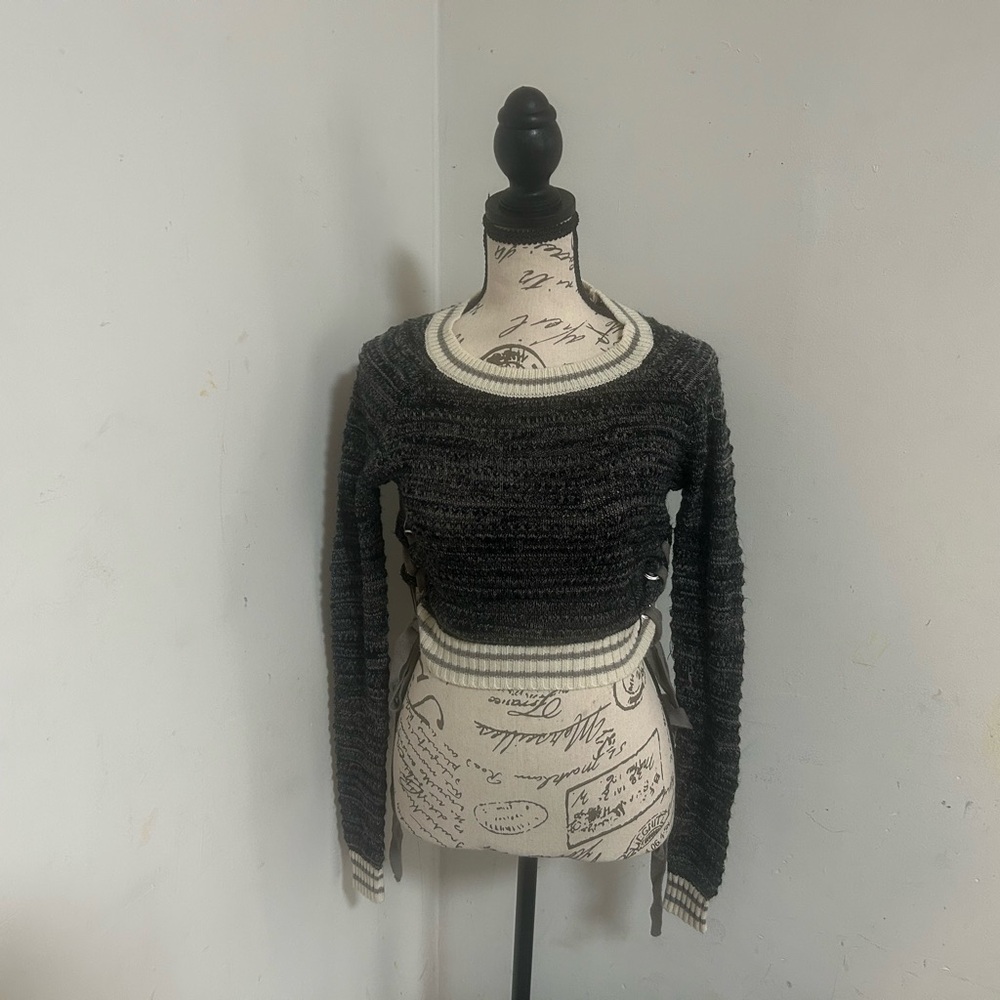 Say What? Black and Cream Cropped Knit Sweater, Large